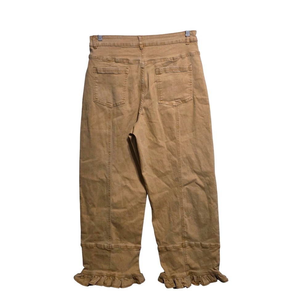 Tan High Waisted Wide Leg Ruffle Hem Cropped Pants Womens Size L Camel Boho - Picture 2 of 9